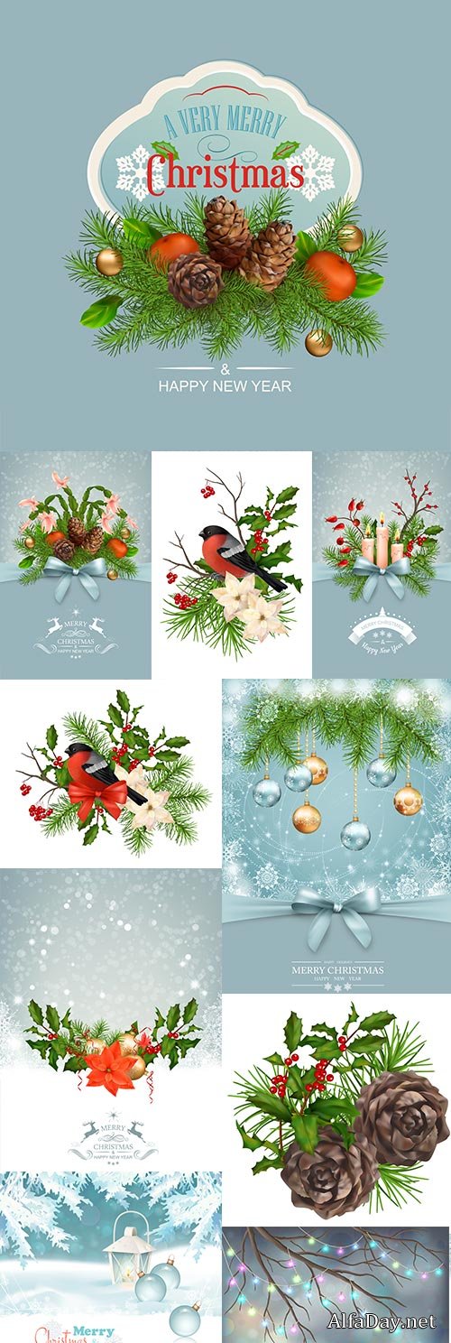Gentle Christmas background garlands cones and bow