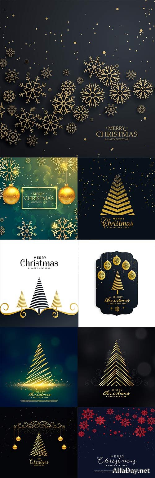 Happy Christmas snowflakes and gold fir-trees dark background