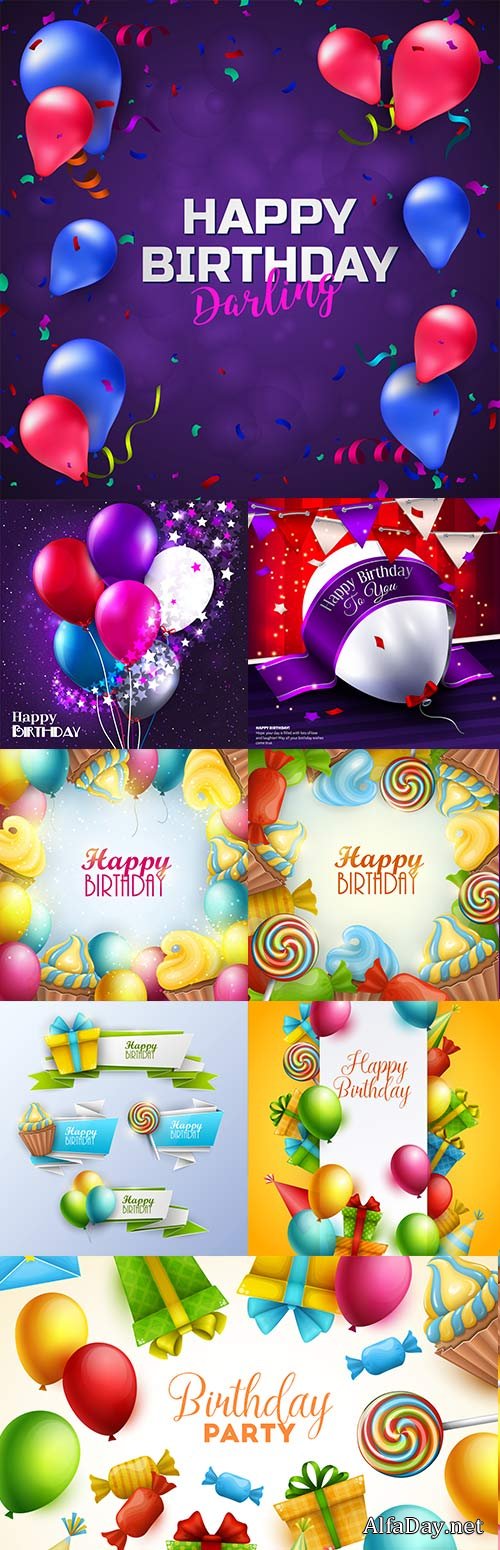 Happy birthday holiday invitation balloons gifts and sweets
