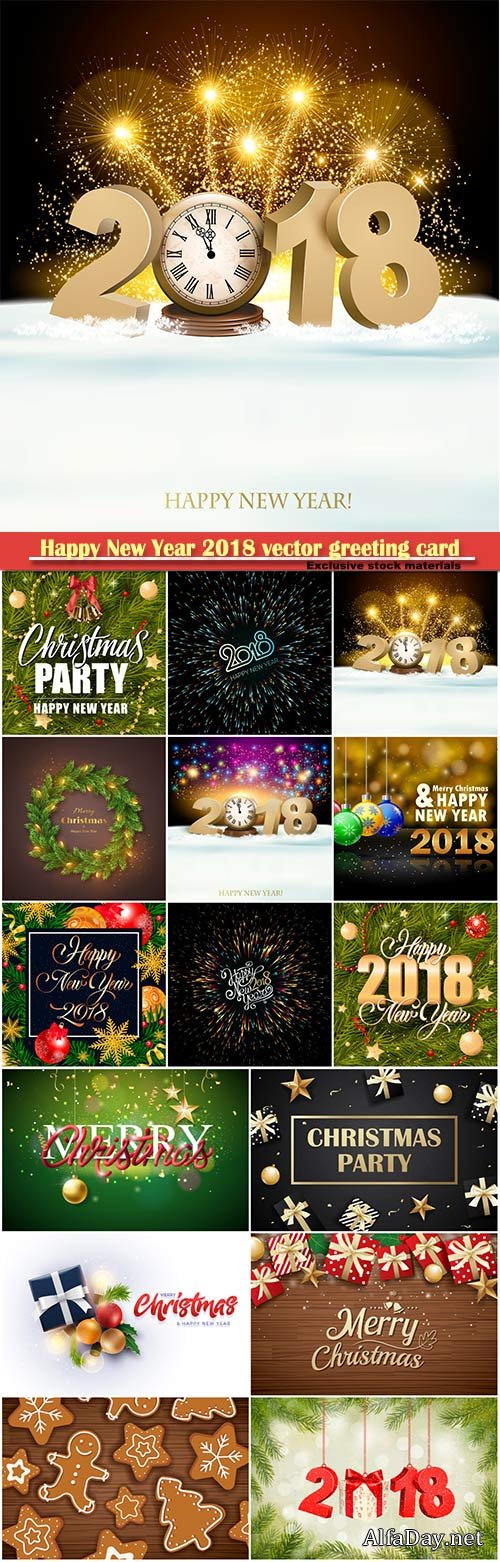 Happy New Year 2018 vector greeting card, golden snowflakes and colorful balls
