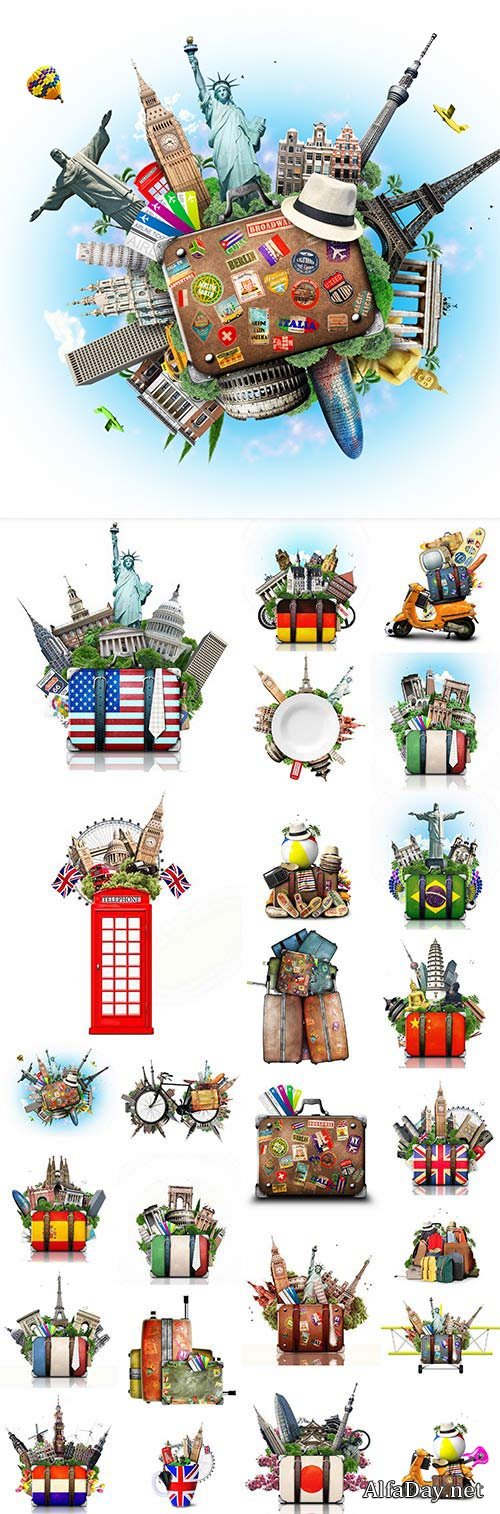 World of Travel Compositions on White Background 25xJPG