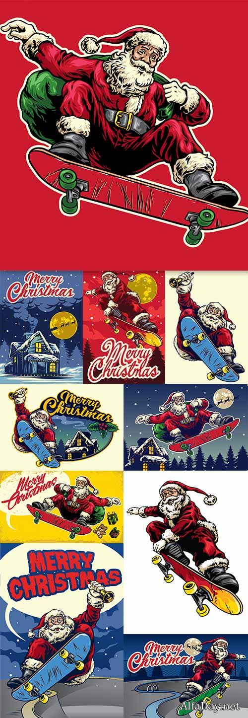Santa Claus ride skateboard in vintage drawing style