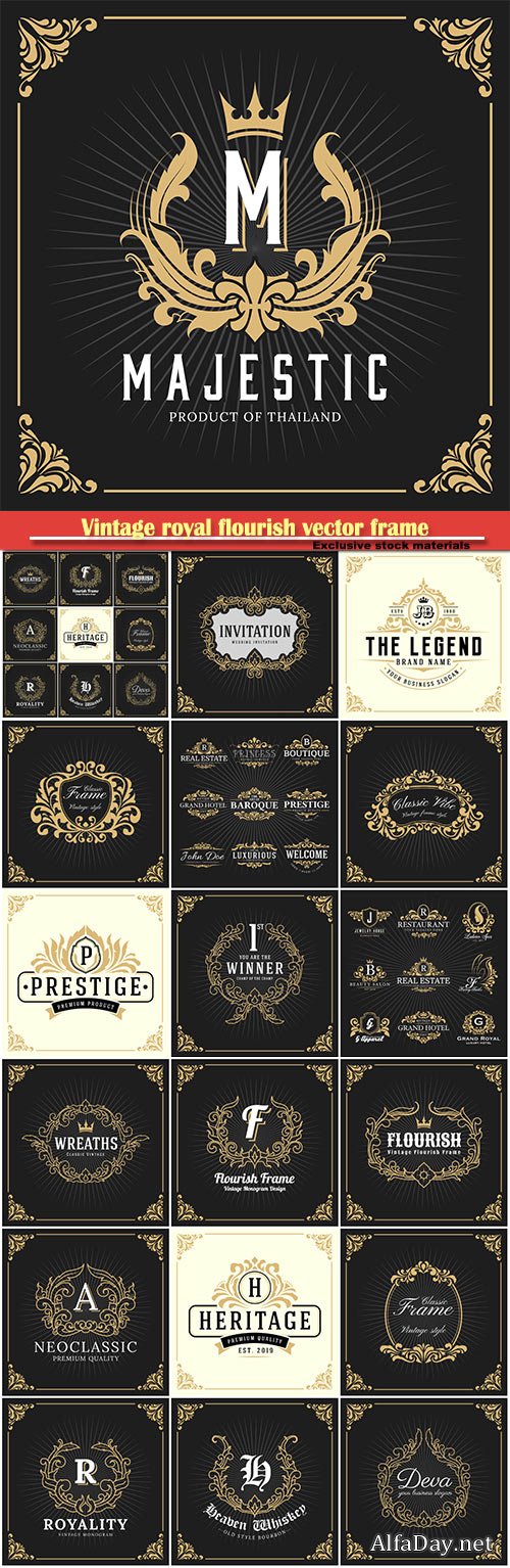 Vintage royal flourish vector frame, logo decorative design