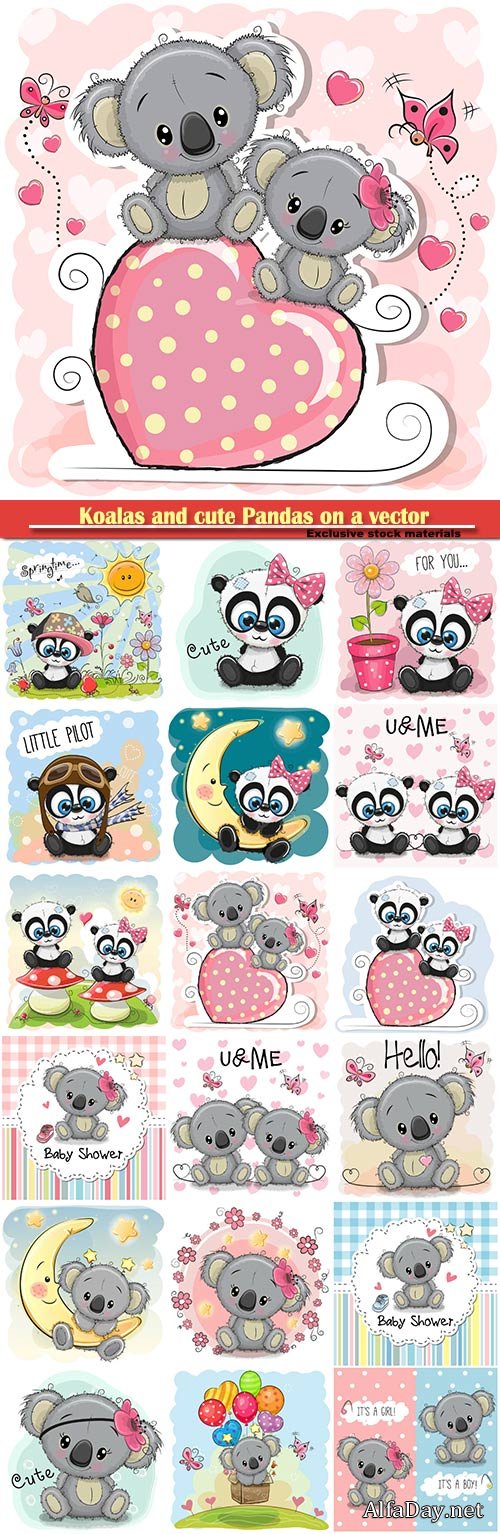 Koalas and cute Pandas on a vector background