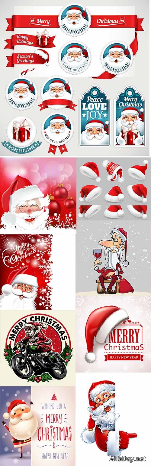 Cheerful Christmas Santa in red cap and gifts