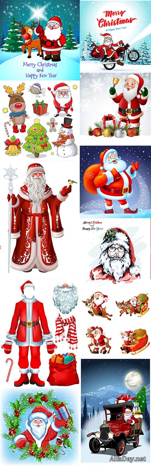 Christmas cheerful Santa in a red suit with gifts