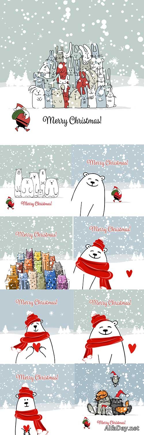 Merry Christmas polar bear and amusing cats