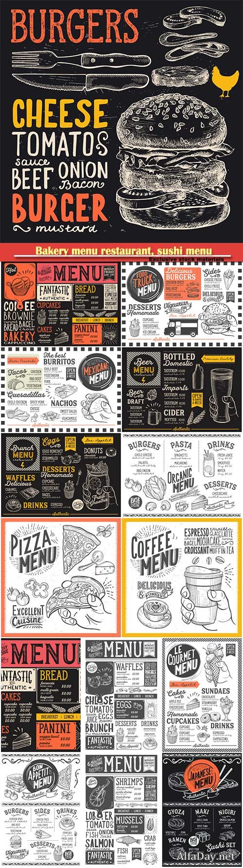 Bakery menu restaurant, sushi menu, burger, pizza poster, food vector template