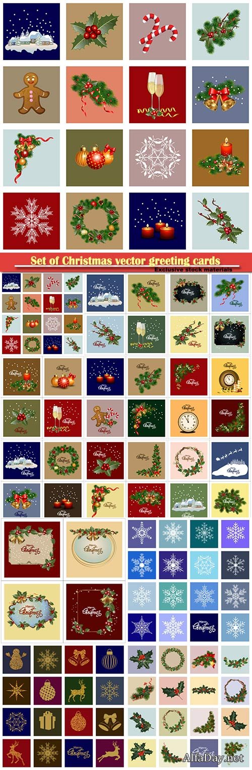 Set of Christmas vector greeting cards, holiday backgrounds, cards with frames, ornaments and decorations