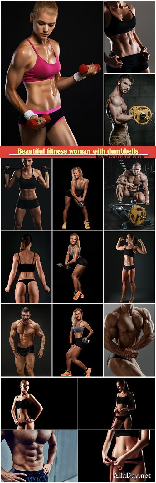 Beautiful fitness woman with dumbbells, bodybuilder working out in gym