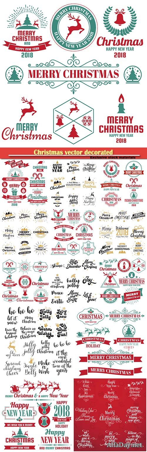 Christmas vector decorated, logos, ribbons, signs, inscriptions