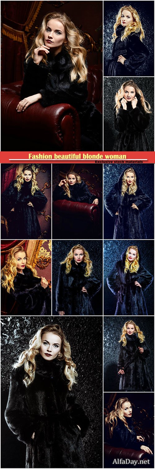 Fashion beautiful blonde woman wearing mink fur coat