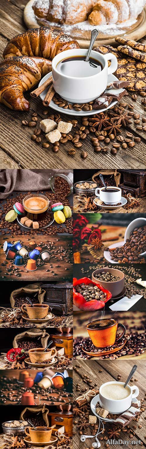 Fragrant cup of coffee by breakfast and coffee fried beans