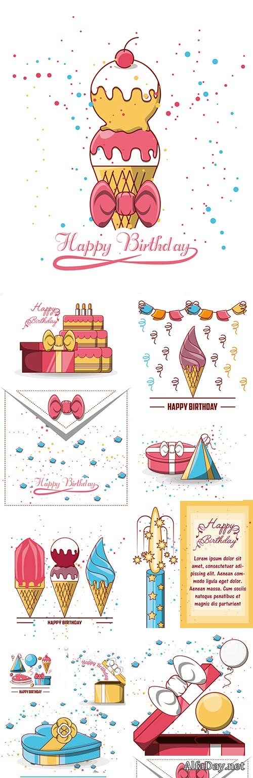 Happy birthday invitation cake ice cream and gifts