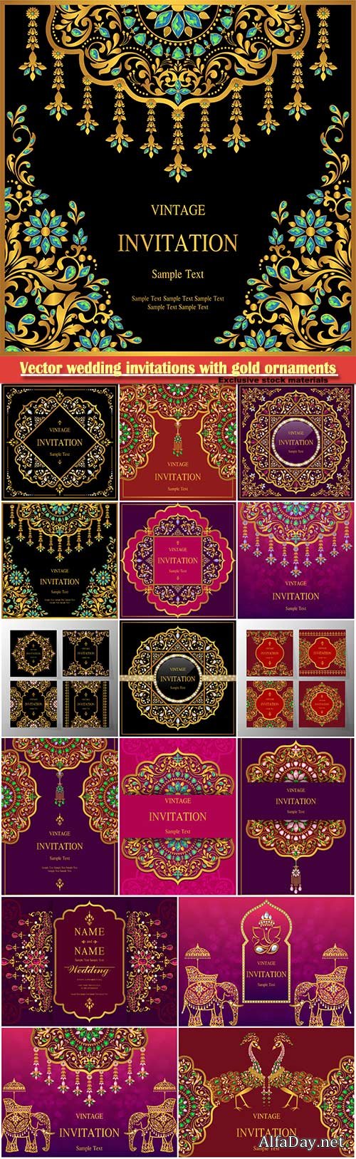Vector wedding invitations with elegant gold ornaments
