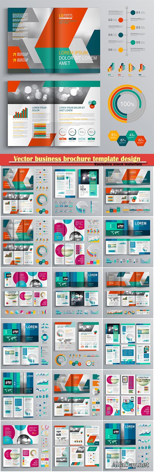 Vector business brochure template design with vertical shapes, cover layout and infographics