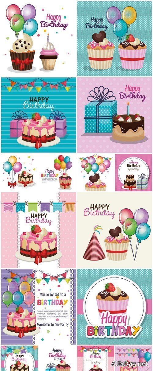 Happy birthday party invitation with sweet cupcake 16X EPS