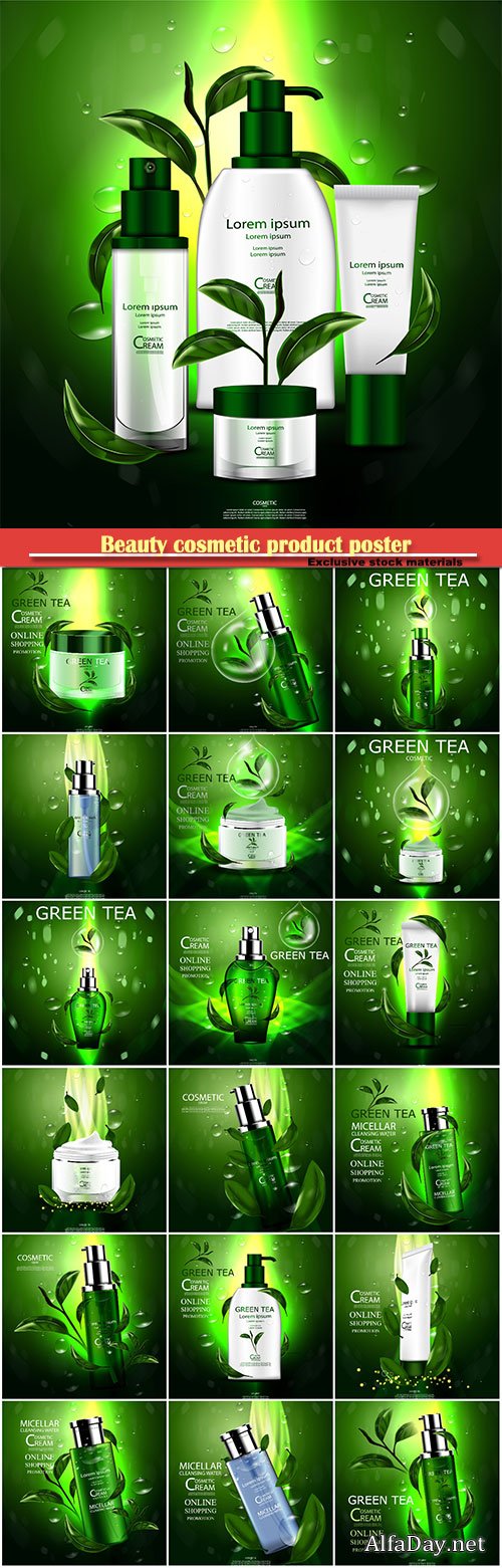Beauty cosmetic product poster, cosmetic bottle package skin care cream, green tea serum