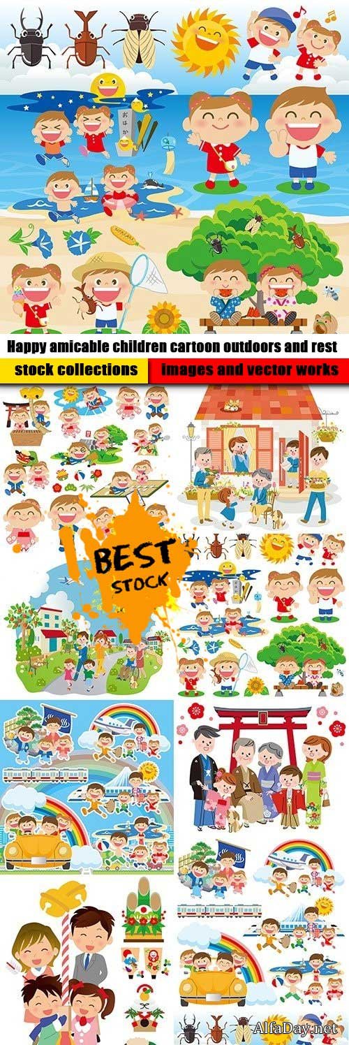 Happy amicable children cartoon outdoors and rest