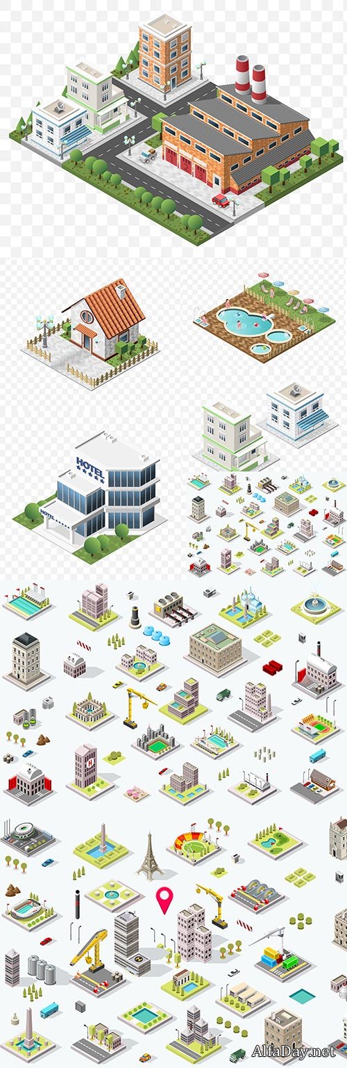 City building 3d isometric modern house illustration
