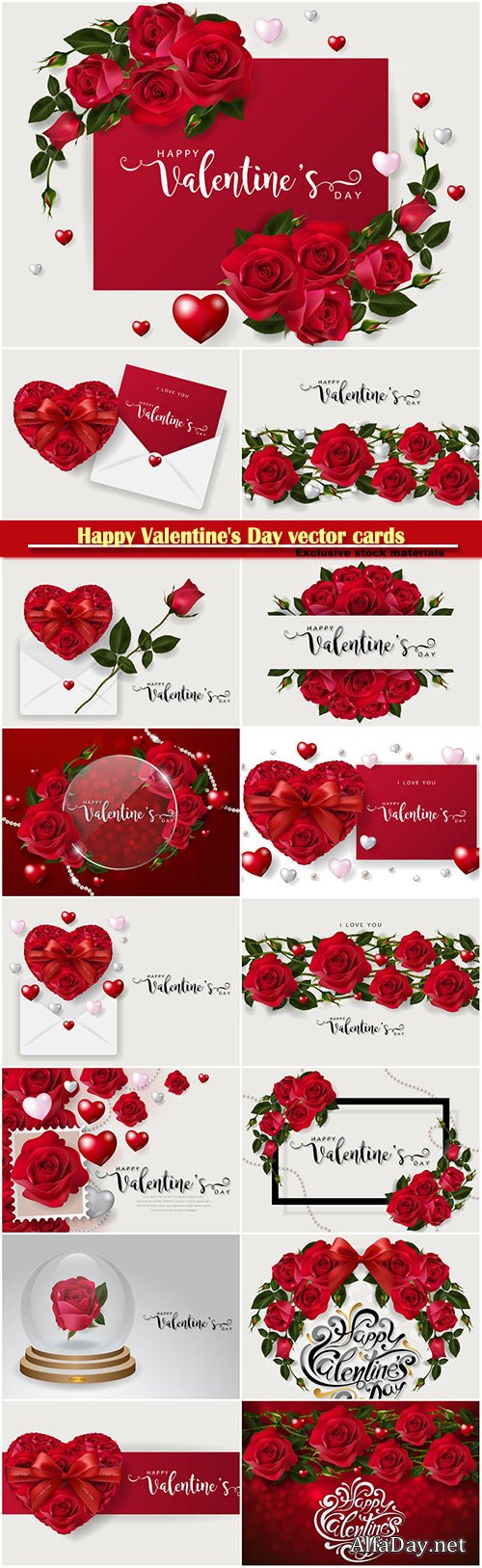 Happy Valentine's Day vector cards, red roses and hearts, romantic backgrounds # 2