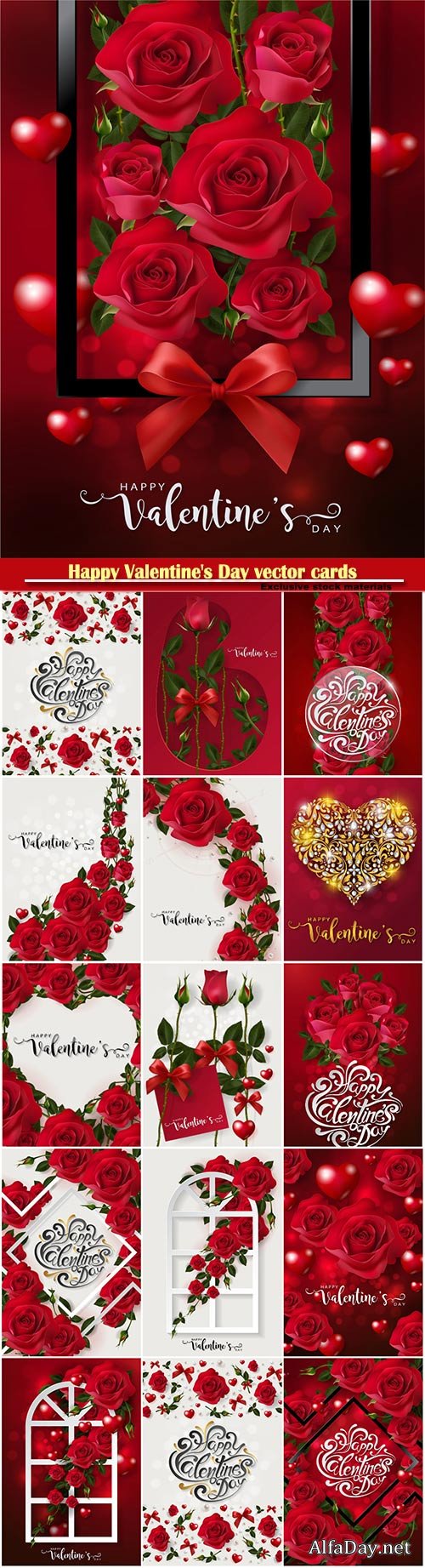 Happy Valentine's Day vector cards, red roses and hearts, romantic backgrounds # 4
