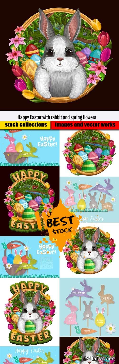 Happy Easter with rabbit and spring flowers