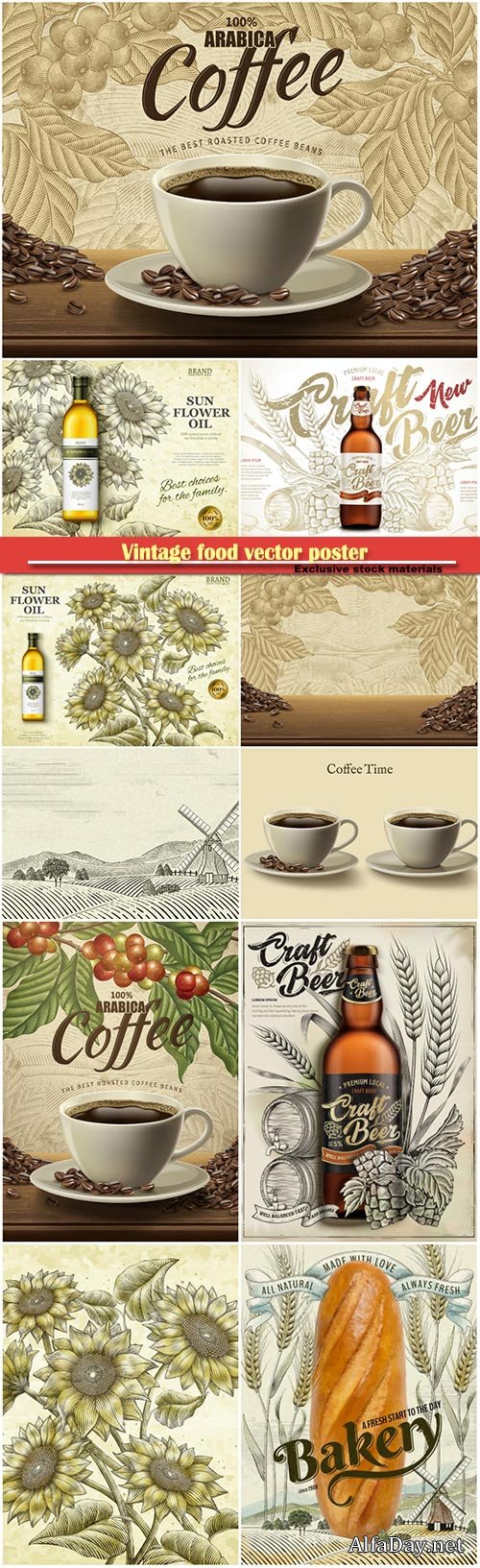 Vintage food vector poster, coffee,  bakery, oil, beer