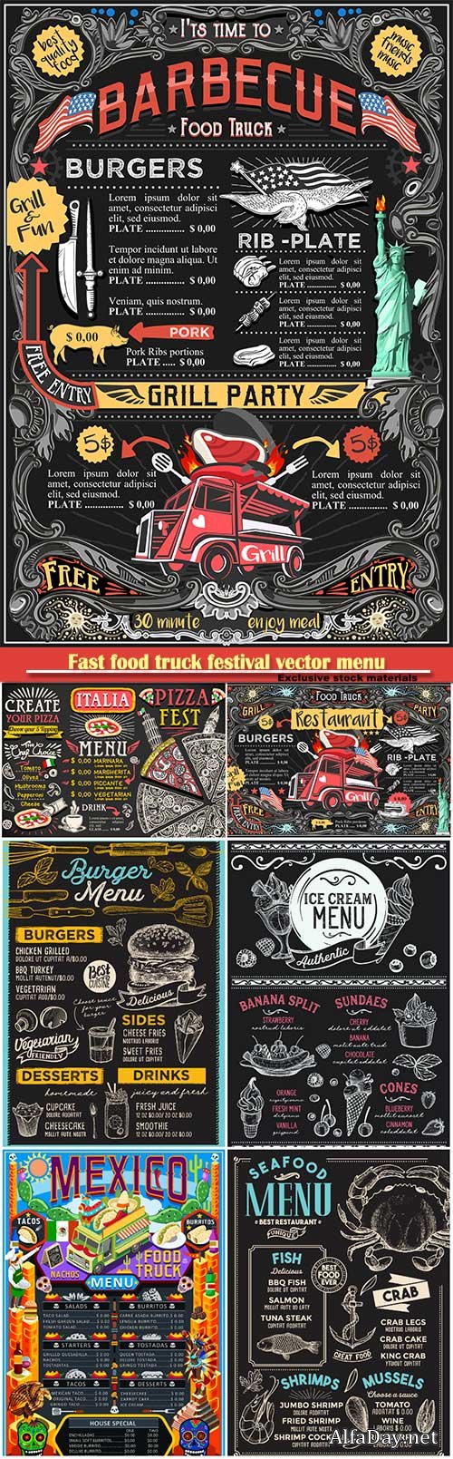 Fast food truck festival vector menu, BBQ grill brochure street food poster design