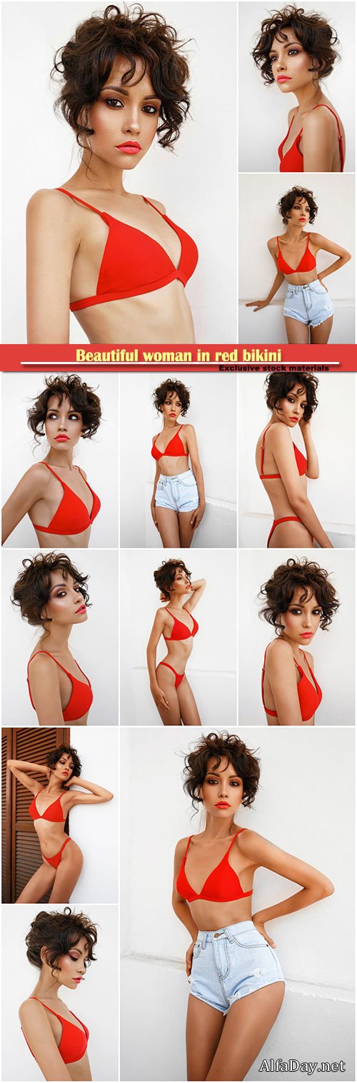 Beautiful woman in red bikini and shorts