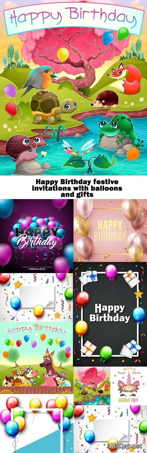 Happy Birthday festive invitations with balloons and gifts