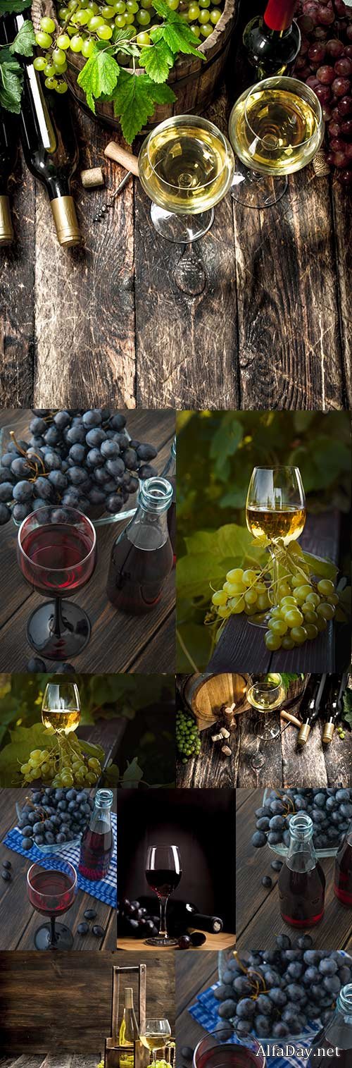 Red and white wine in glass and cluster of grapes