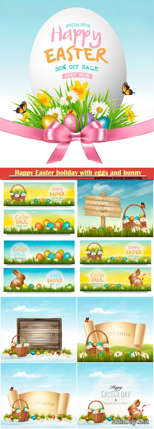 Happy Easter holiday with eggs and bunny, vector illustration # 14