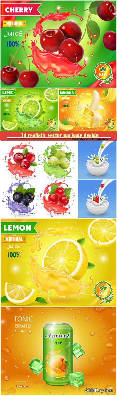 3d realistic vector package design, fresh juice, berries