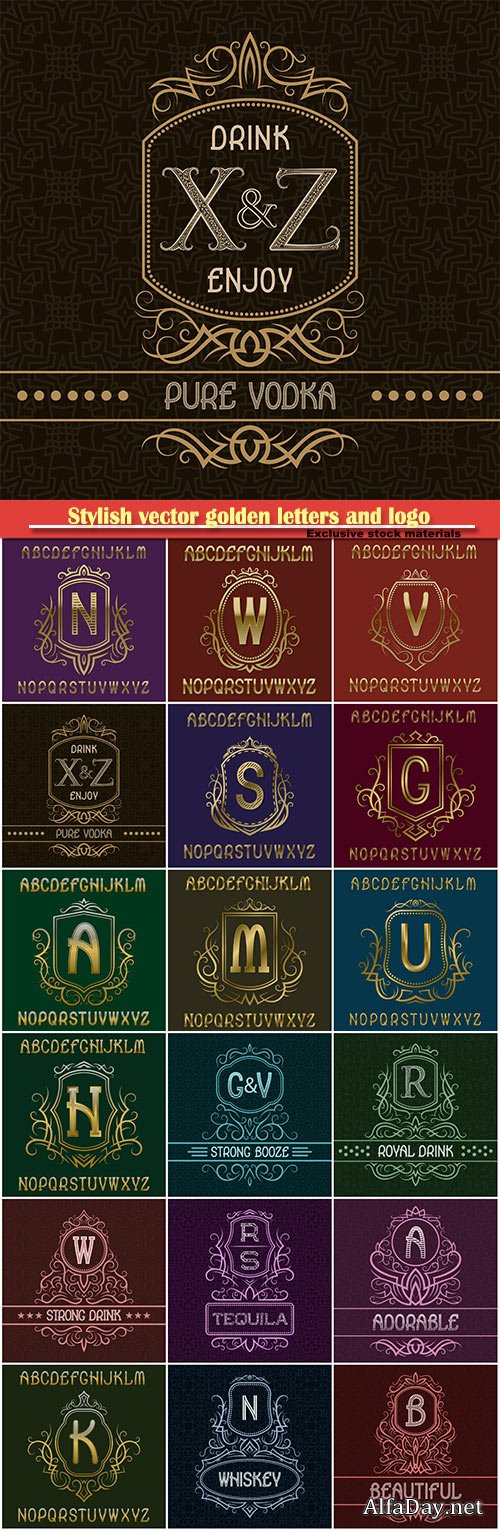 Stylish vector golden letters and logo design elements