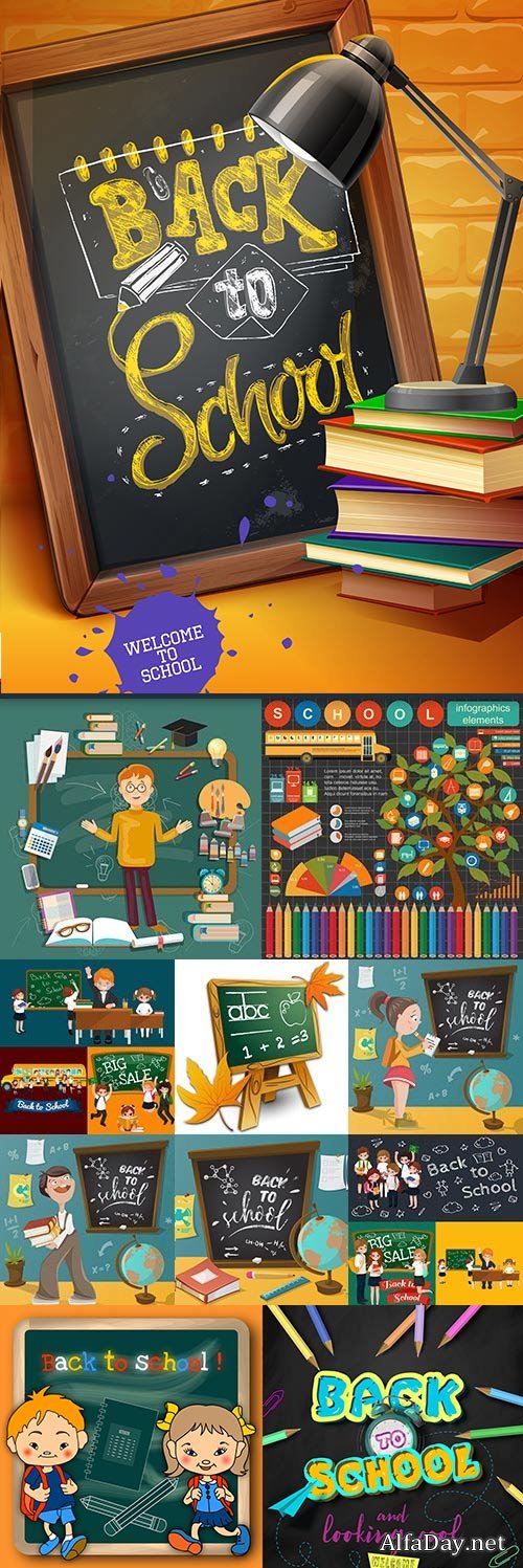 Back to school blackboard textbooks and school objects