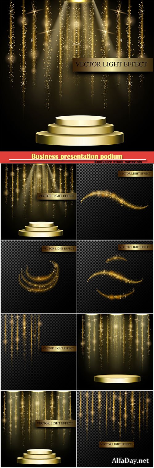 Business presentation podium, bright spotlights, 3d rendering, vector graphics