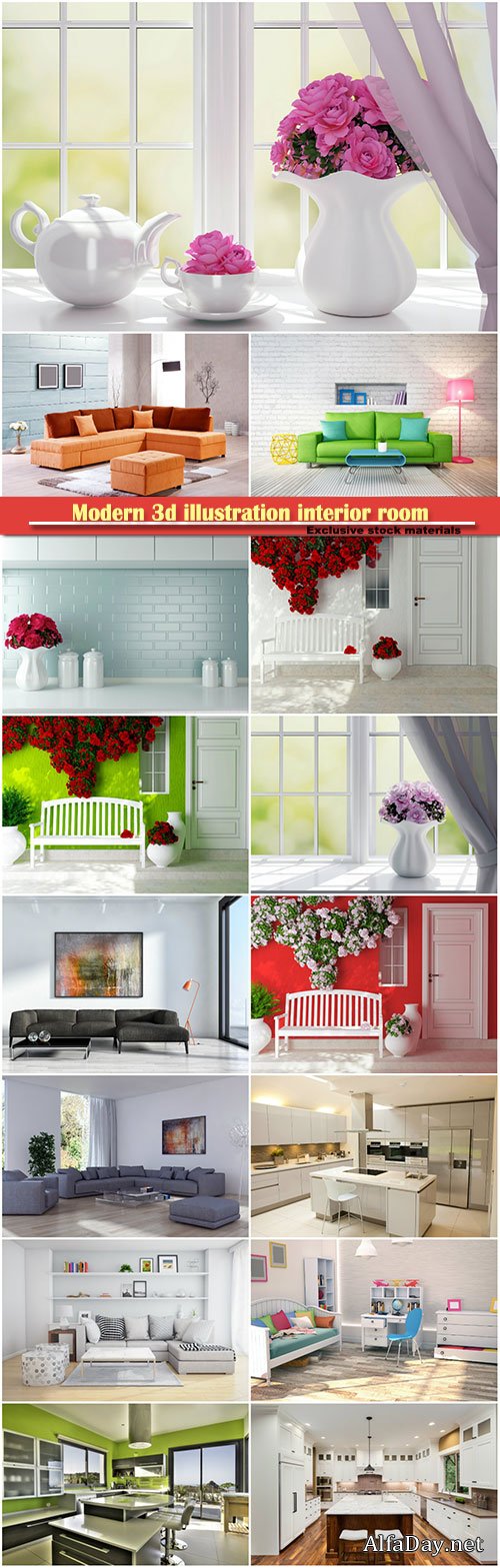 Modern 3d illustration interior room with a beautiful furniture, living room with shelves and sofa with pillows