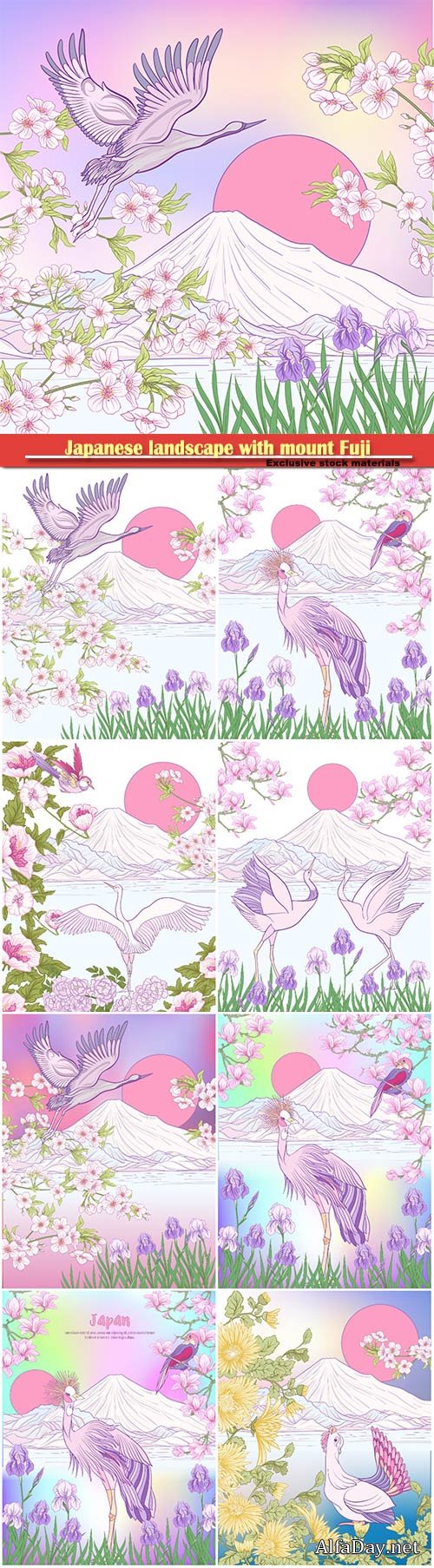 Japanese landscape with mount Fuji and tradition flowers and a bird in vector