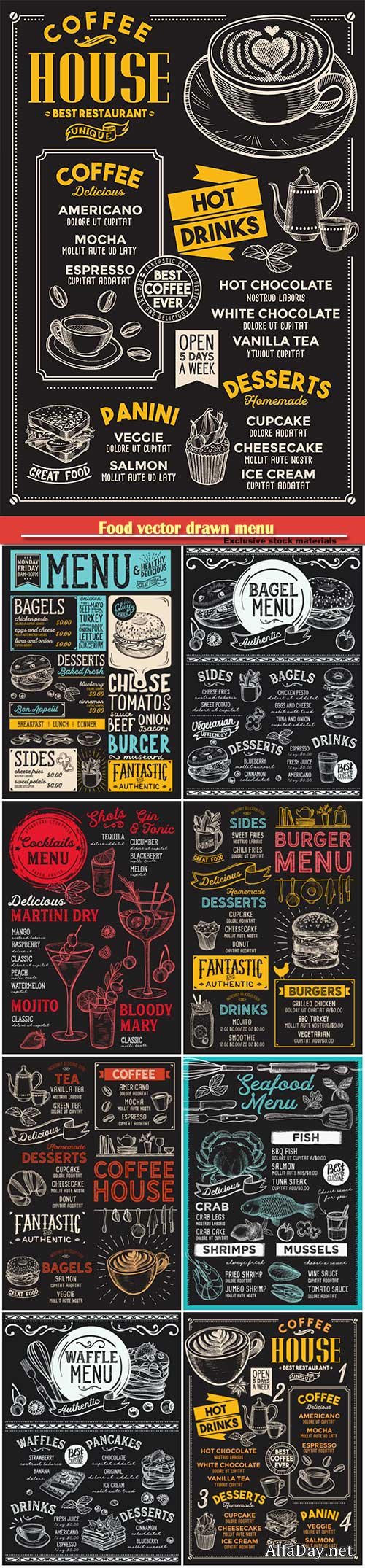 Food vector drawn menu, seafood, fast food, sushi, ice cream, cocktails