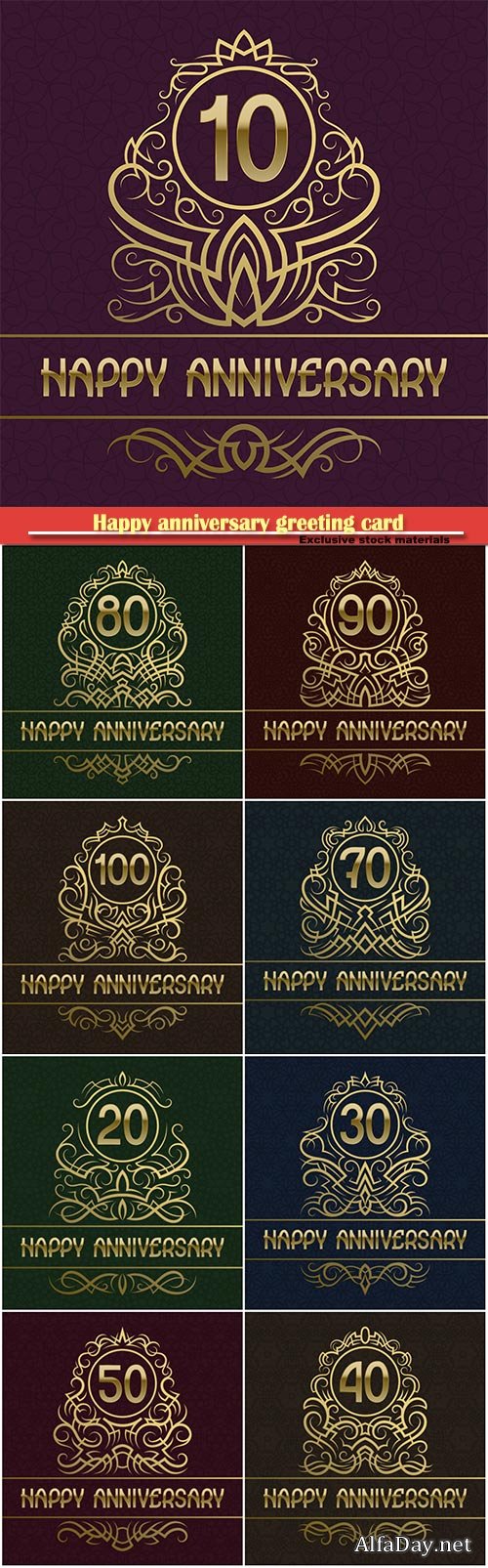 Happy anniversary greeting card with vintage design golden elements