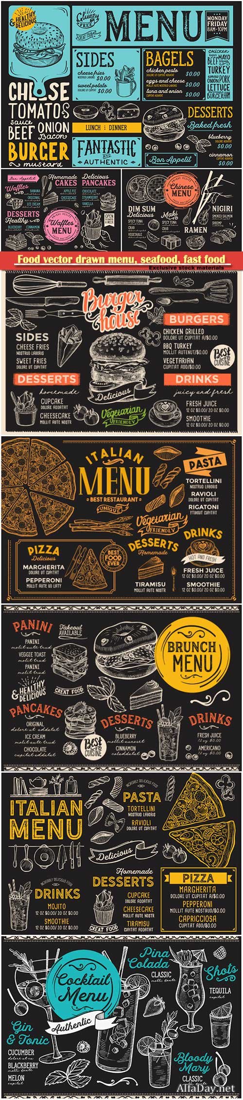 Food vector drawn menu, seafood, fast food, sushi, ice cream, cocktails, desserts