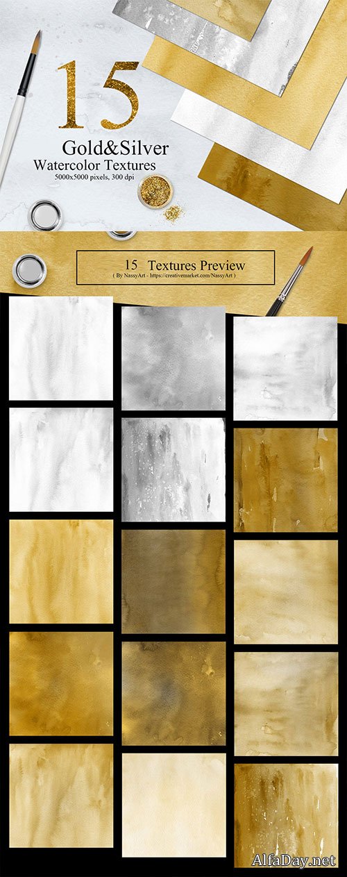 15 Gold and Silver Colors Watercolor Textures
