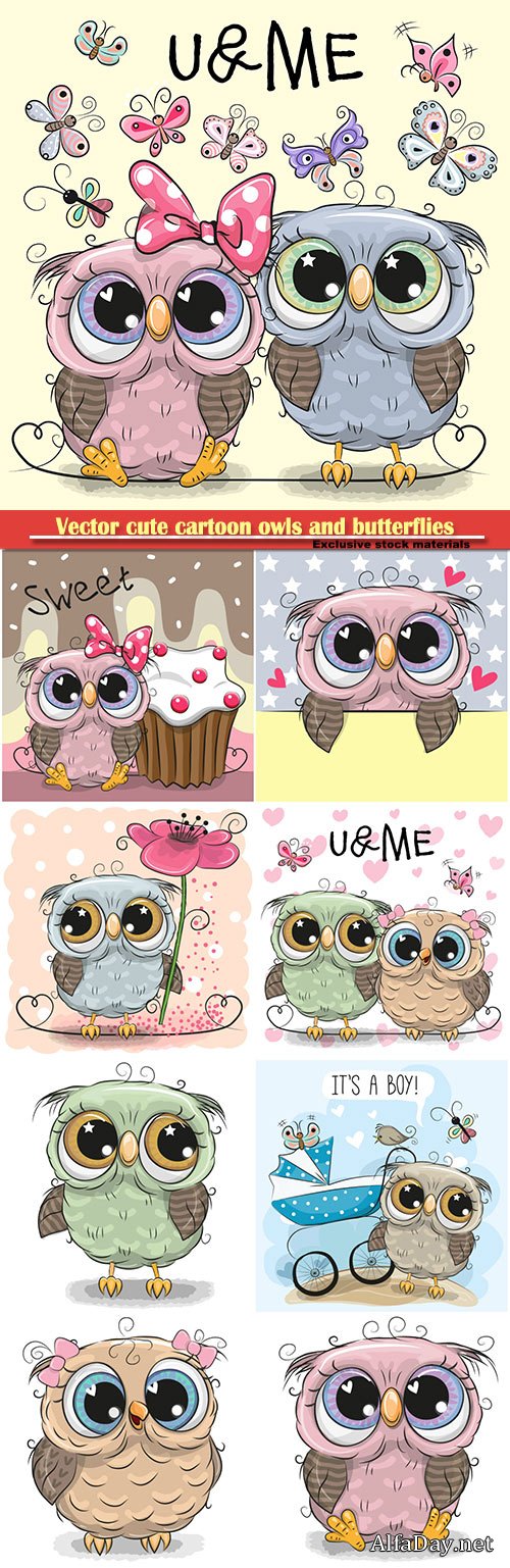 Vector cute cartoon owls and butterflies