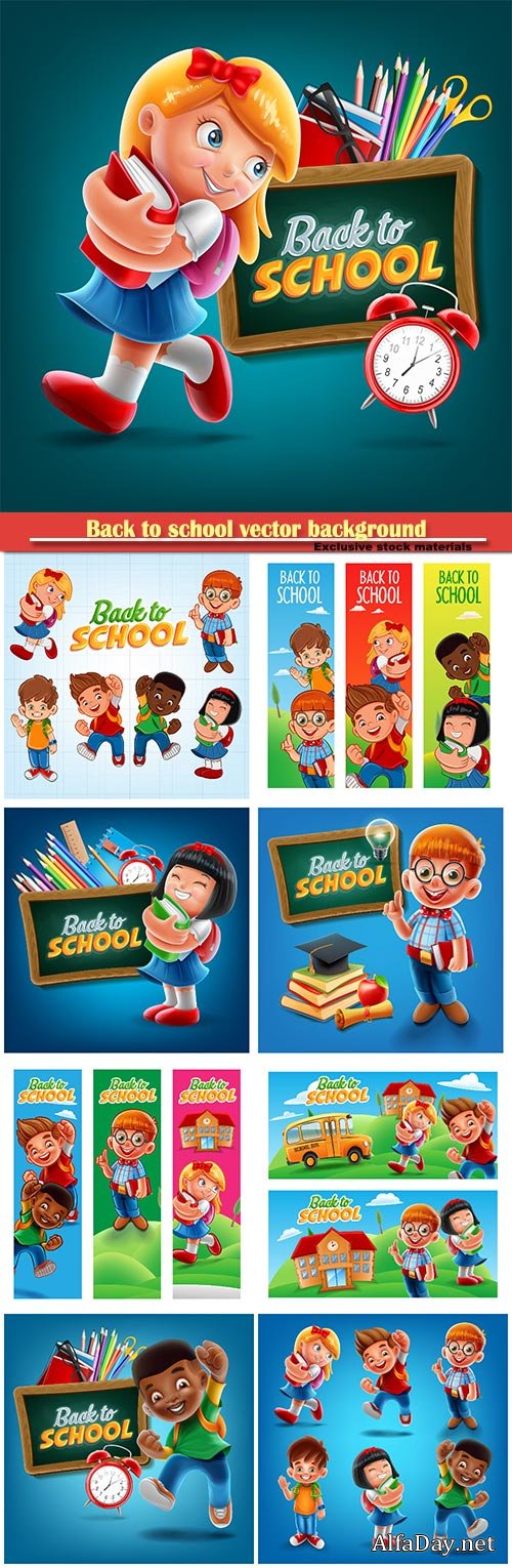 Back to school vector background, happy school children