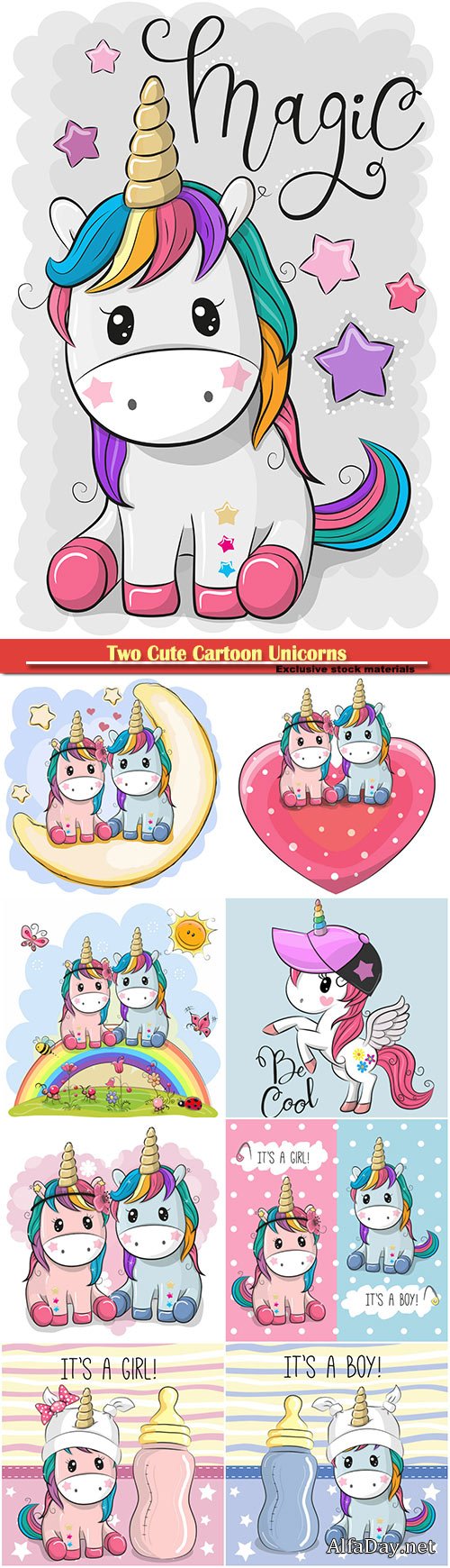 Two Cute Cartoon Unicorns on a heart background