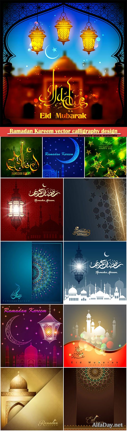 Ramadan Kareem vector calligraphy design with decorative floral pattern, mosque silhouette, crescent and glittering islamic background # 26