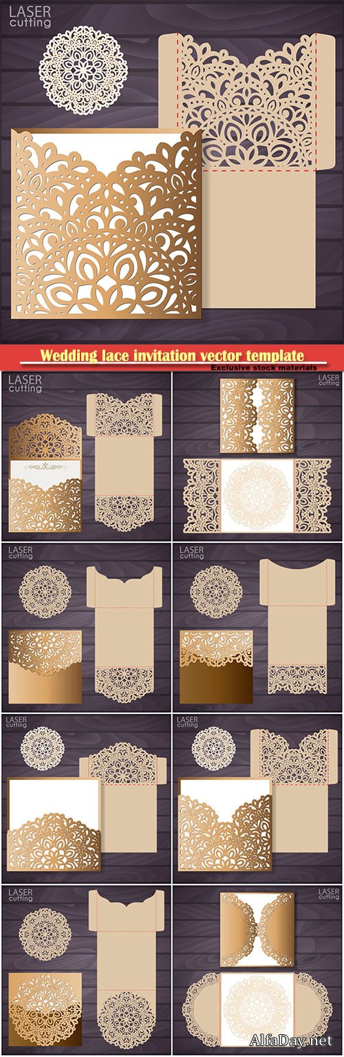 Wedding lace invitation vector template, template for laser cutting, die cut pocket envelope template