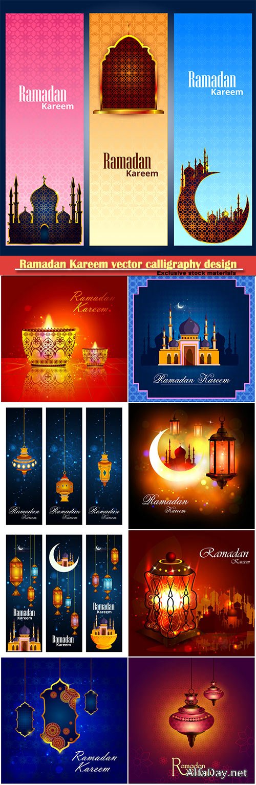 Ramadan Kareem vector calligraphy design with decorative floral pattern, mosque silhouette, crescent and glittering islamic background # 30