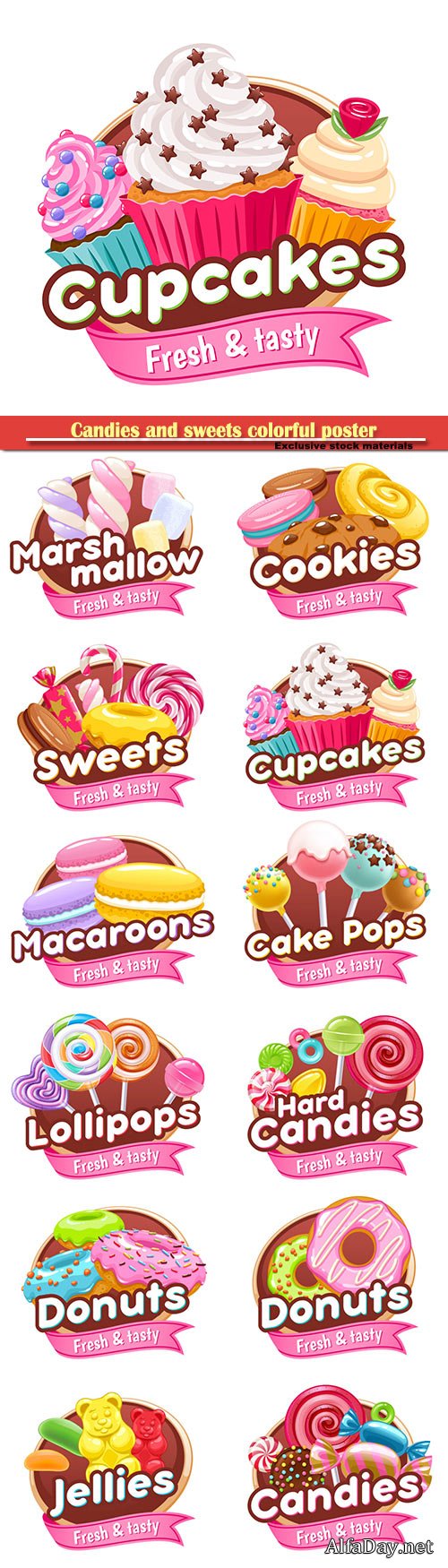 Candies and sweets colorful poster, donut, cookie, marshmallow, candy cane, lollipop